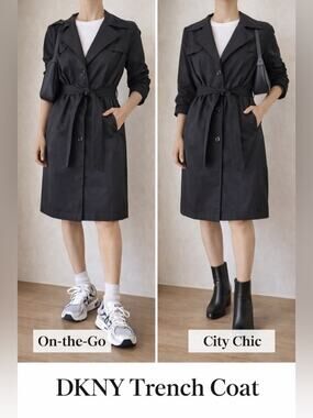 DKNY Black Trench Coat Belted Minimalist Classic Knee Length Jacket Size M